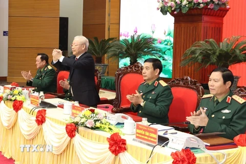 Tổng Bí thư Nguyễn Phú Trọng dự Hội nghị Quân chính toàn quân năm 2022. (Ảnh: Trí Dũng/TTXVN) 
