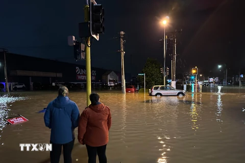 Cảnh ngập lụt sau những trận mưa lớn ở Auckland, New Zealand, ngày 27/1/2023. (Ảnh: THX/TTXVN)
