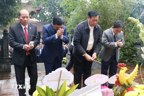 Ông Đỗ Xuân Tuyên (thứ 2, phải sang), Thứ trưởng Bộ Y tế dâng hương khu mộ Hải Thượng Lãn Ông. (Ảnh: Công Tường/TTXVN)