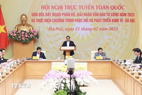 Thủ tướng Phạm Minh Chính chủ trì hội nghị đẩy mạnh giải ngân vốn đầu tư công. (Ảnh: Dương Giang/TTXVN) 