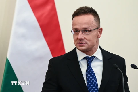 Ngoại trưởng Hungary Peter Szijjarto phát biểu trong một cuộc họp báo ở Budapest. (Nguồn: AFP/TTXVN) 