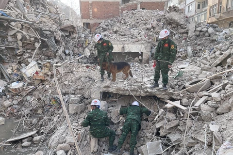 Lực lượng cứu hộ, cứu nạn của Quân đội Nhân dân Việt Nam triển khai hoạt động tại Antakya, thủ phủ tỉnh Hatay, ngày 19/2/2023. (Ảnh: Hải Linh/TTXVN)