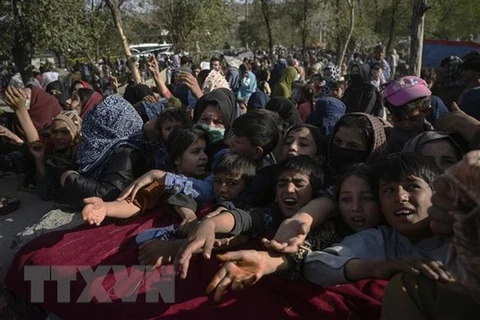 Người Afghanistan, sơ tán khỏi tỉnh Takhar để tránh xung đột, chờ nhận lương thực viện trợ tại Kabul. (Nguồn: AFP/TTXVN)