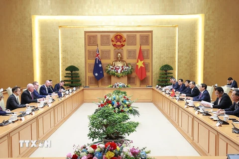Quang cảnh buổi hội kiến giữa Thủ tướng Phạm Minh Chính và Toàn quyền Australia David Hurley. (Ảnh: Dương Giang/TTXVN)