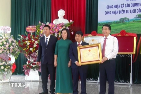 Phó Chủ tịch Ủy ban Nhân dân tỉnh Thái Nguyên Nguyễn Thanh Bình trao quyết định công nhận tri thức trồng và chế biến chè Tân Cương là di sản văn hóa phi vật thể quốc gia. (Ảnh: Trần Trang/TTXVN)