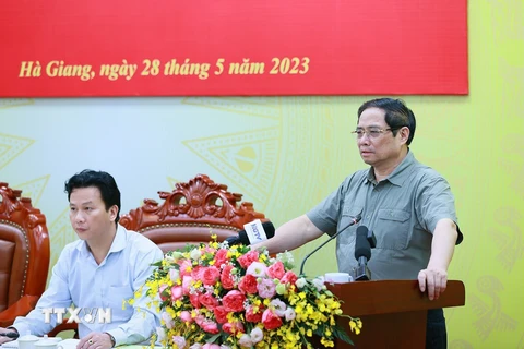 Thủ tướng Phạm Minh Chính kết luận buổi làm việc với lãnh đạo chủ chốt tình Hà Giang. (Ảnh: Dương Giang/TTXVN)