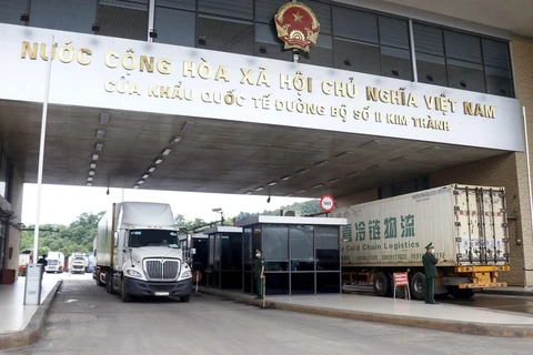Các xe container chờ làm thủ tục xuất khẩu hàng nông sản tại cửa khẩu quốc tế đường bộ số II Kim Thành. (Ảnh: Quốc Khánh/TTXVN) 