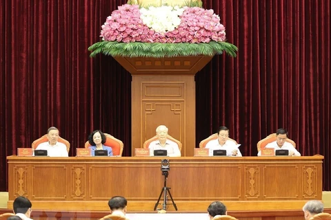 Tổng Bí thư Nguyễn Phú Trọng và các đồng chí Thường trực Ban Chỉ đạo Trung ương về phòng, chống tham nhũng, tiêu cực chủ trì hội nghị. (Ảnh: Trí Dũng/TTXVN) 