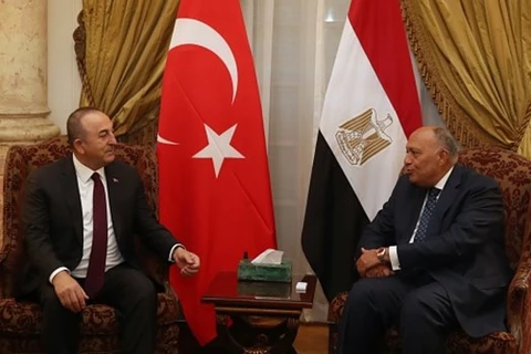 Ngoại trưởng Thổ Nhĩ Kỳ Mevlut Cavusoglu (trái) hội đàm với người đồng cấp Ai Cập Sameh Shoukry tại Cairo. (Nguồn: Getty Images) 