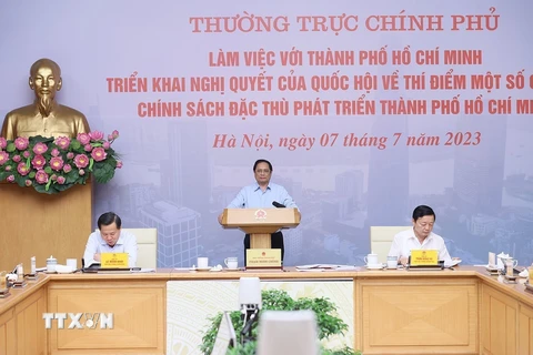 Thủ tướng Phạm Minh Chính phát biểu kết luận buổi làm việc. (Ảnh: Dương Giang/TTXVN) 