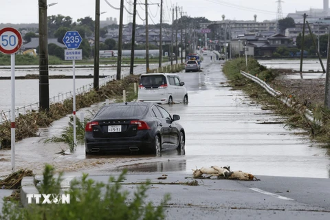 Cảnh ngập lụt sau những trận mưa lớn tại Mashiki, tỉnh Kumamoto, Nhật Bản, ngày 3/7/2023. (Nguồn: Kyodo/TTXVN)