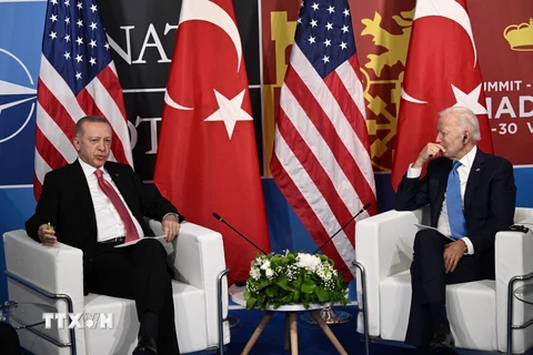 Tổng thống Thổ Nhĩ Kỳ Recep Tayyip Erdogan (trái) và Tổng thống Mỹ Joe Biden tại cuộc gặp bên lề Hội nghị thượng đỉnh NATO ở Madrid, Tây Ban Nha, ngày 29/6/2022. Ảnh tư liệu. (Nguồn: AFP/TTXVN)
