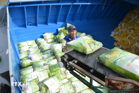 Công ty Cổ phần Tập đoàn Lộc Trời (An Giang) xuất khẩu gần 500 tấn gạo mang thương hiệu riêng sang thị trường châu Âu. (Nguồn: TTXVN) 