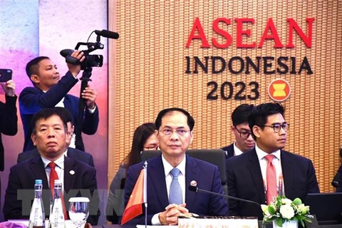 Bộ trưởng Ngoại giao Bùi Thanh Sơn tham dự chuỗi Hội nghị Bộ trưởng Ngoại giao ASEAN (AMM) lần thứ 56 tại Jakarta. (Ảnh: TTXVN phát) 