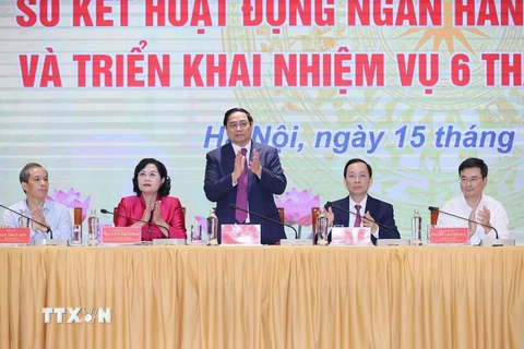 Thủ tướng Phạm Minh Chính dự hội nghị triển khai nhiệm vụ ngân hàng 6 tháng cuối năm 2023. (Ảnh: Dương Giang/TTXVN) 