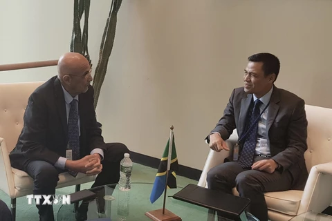 Đại sứ Đặng Hoàng Giang, Trưởng Phái đoàn thường trực Việt Nam tại Liên hợp quốc (bên phải) trao đổi với Phó Chủ tịch Quốc hội Cộng hòa thống nhất Tanzania Mussa Azzan Zungu. (Ảnh: TTXVN phát)