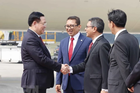 Các quan chức Indonesia đón Chủ tịch Quốc hội Vương Đình Huệ tại Sân bay Quốc tế Soekarno Hatta, thủ đô Jakarta. (Ảnh: Doãn Tấn/TTXVN) 