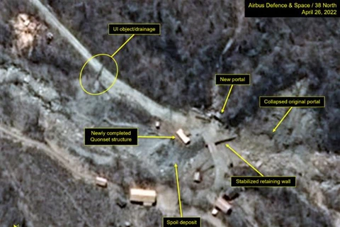 Hình ảnh các hoạt động tại bãi thử hạt nhân Punggye-ri, được chụp từ vệ tinh ngày 26/4/2022. (Nguồn: 38north)