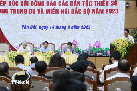 Quang cảnh Hội nghị tiếp xúc với đồng bào các dân tộc thiểu số Vùng Trung du và Miền núi Bắc Bộ năm 2023 tại Yên Bái. (Ảnh: Tuấn Anh/TTXVN)