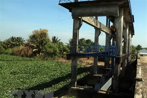 Cống ven biển xã Sơn Bình, huyện Hòn Đất, tỉnh Kiên Giang được đóng để ngăn mặn, giữ ngọt phục vụ sản xuất cho nông dân. (Ảnh: Lê Sen/TTXVN) 