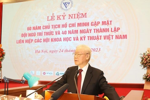 Tổng Bí thư Nguyễn Phú Trọng phát biểu tại buổi lễ kỷ niệm 60 năm Ngày Chủ tịch Hồ Chí Minh gặp mặt đội ngũ trí thức. (Ảnh: Trí Dũng/TTXVN)