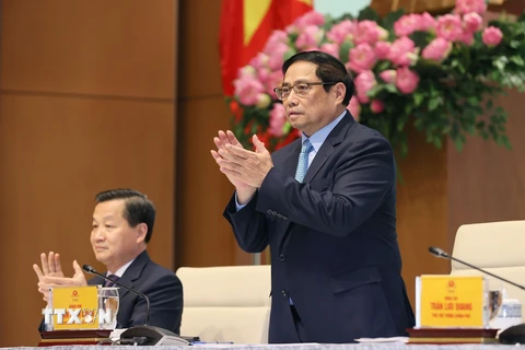 Thủ tướng Phạm Minh Chính chủ trì buổi mặt mặt các doanh nhân. (Ảnh: Dương Giang/TTXVN) 