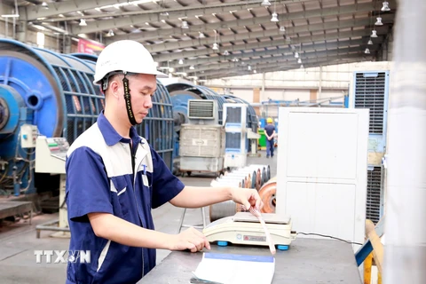 Kỹ sư Nguyễn Văn Tuân kiểm tra tỷ trọng cáp điện, một trong những hoạt động của nghiên cứu để giảm tỷ trọng lõi dẫn, giảm giá thành sản xuất cáp điện. (Ảnh: Minh Thu/TTXVN)