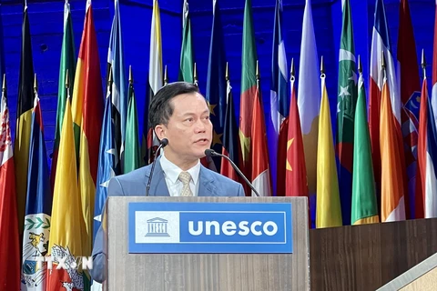Thứ trưởng Ngoại giao Hà Kim Ngọc, Chủ tịch Ủy ban quốc gia UNESCO Việt Nam phát biểu tại phiên toàn thể Kỳ họp lần thứ 42 của UNESCO. (Ảnh: Thu Hà/TTXVN) 