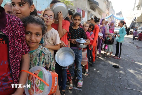 Người dân Palestine xếp hàng chờ nhận thực phẩm viện trợ tại thành phố Rafah, phía Nam Dải Gaza. (Ảnh: THX/TTXVN)