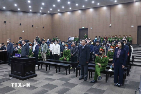 Các bị cáo trong vụ án Nguyễn Thị Thanh Nhàn và AIC nghe chủ tọa tuyên án. (Ảnh: Phạm Kiên/TTXVN)