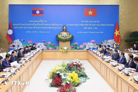 Quang cảnh Kỳ họp lần thứ 46 Ủy ban liên Chính phủ về hợp tác song phương Việt Nam-Lào. (Ảnh: Dương Giang/TTXVN)