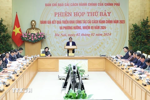 Thủ tướng Phạm Minh Chính chủ trì Phiên họp lần thứ 7 Ban Chỉ đạo cải cách hành chính của Chính phủ. (Ảnh: Dương Giang/TTXVN)