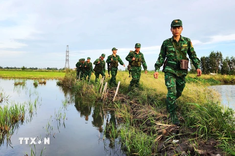 Cán bộ chiến sỹ Đồn Biên phòng Vĩnh Nguơn (An Giang) tuần tra, kiểm soát biên giới. (Ảnh: Công Mạo/TTXVN)