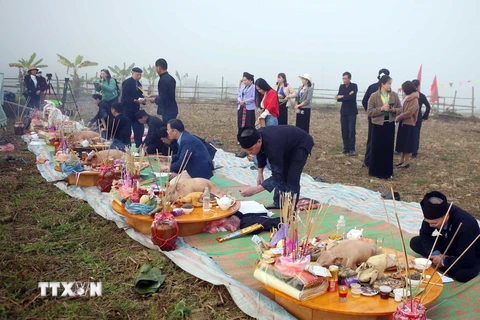 Nghi lễ cúng tại cánh đồng trong Lễ hội Lùng Tùng của dân tộc Thái ở Than Uyên, tỉnh Lai Châu. (Ảnh: Quý Trung/ TTXVN)