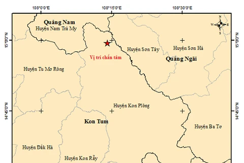 Bản đồ chấn tâm trận động đất vừa xảy ra tại huyện Kon Plông. (Nguồn: Viện Vật lý Địa cầu)