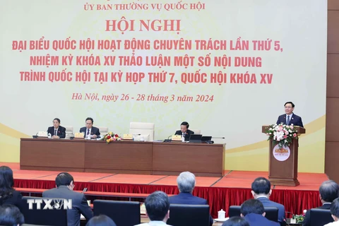 Chủ tịch Quốc hội Vương Đình Huệ phát biểu khai mạc hội nghị. (Ảnh: Nhan Sáng/ TTXVN)