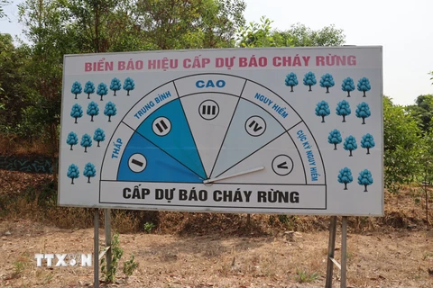 Biển báo cháy rừng tại Tây Ninh đang ở cấp V (cấp cực kỳ nguy hiểm). (Ảnh: Thanh Tân/TTXVN)