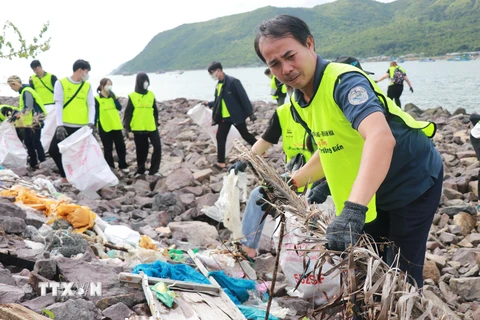 Nhân viên Ban Quản lý vịnh Nha Trang cùng các tình nguyện viên dọn rác tại khu vực bờ kè biển Vĩnh Trường, sát bến tàu du lịch Nha Trang. (Ảnh: Phan Sáu/TTXVN)