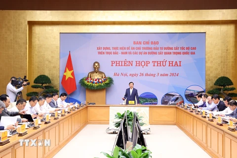 Phó Thủ tướng Chính phủ Trần Hồng Hà chủ trì Phiên họp thứ hai Ban Chỉ đạo xây dựng, thực hiện Đề án chủ trương đầu tư đường sắt tốc độ cao trên trục Bắc-Nam sáng 26/3/2024. (Ảnh: Văn Điệp/TTXVN)