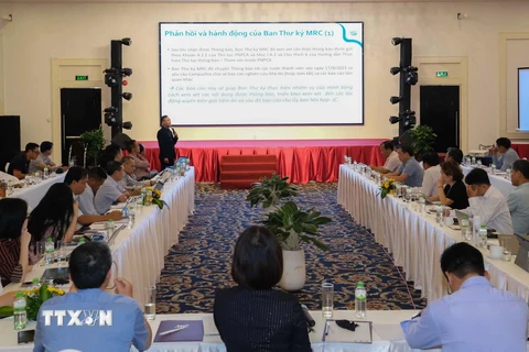 Quang cảnh Hội nghị tham vấn về dự án Kênh Funan-Techo của Campuchia và thực hiện thủ tục tham vấn sử dụng nước của Ủy hội sông Mê Kông quốc tế tại Cần Thơ. (Ảnh: Thanh Liêm/TTXVN)