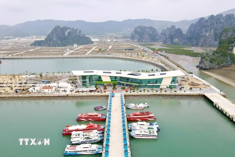 Tại cảng tàu khách quốc tế Ao Tiên, du khách được vận động để lại rác thải nhựa (chai lọ, cốc, túi nilon) ngay tại khu vực tập kết tại các cổng xuất bến ra đảo Vân Đồn .(Ảnh: TTXVN phát)