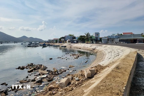 Sau khi được thu gom rác, khu vực bờ kè Đầm Nại đã sạch sẽ hơn. (Ảnh: Nguyễn Thành/TTXVN)