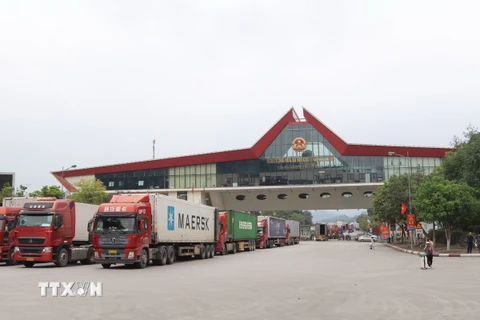 Các phương tiện xuất nhập khẩu hàng hóa chờ thông quan tại cửa khẩu quốc tế Hữu Nghị (Lạng Sơn). (Ảnh: Quang Duy/TTXVN)