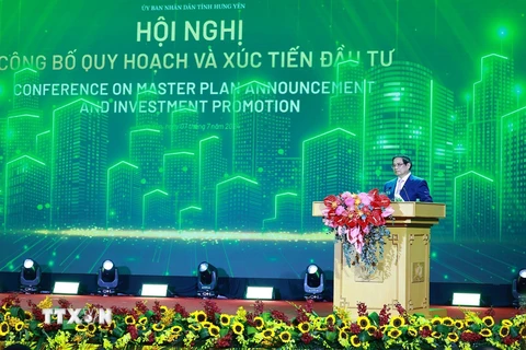 Thủ tướng Phạm Minh Chính phát biểu tại Hội nghị công bố Quy hoạch tỉnh Hưng Yên. (Ảnh: Dương Giang/TTXVN)