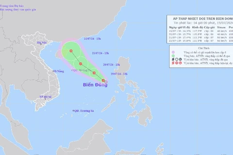 Hình ảnh vị trí và đường đi của áp thấp nhiệt đới. (Nguồn: Trung tâm Dự báo Khí tượng Thủy văn Trung ương)