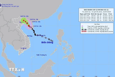 Hướng và đường đi của bão số 2, chiều 22/7/2024. (Ảnh: TTXVN phát)