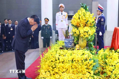 Đoàn đại biểu cấp cao Đảng, Nhà nước Lào do Tổng Bí thư, Chủ tịch nước Thongloun Sisoulith làm Trưởng đoàn, viếng Tổng Bí thư Nguyễn Phú Trọng. (Ảnh: TTXVN)