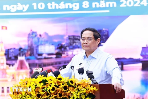 Thủ tướng Phạm Minh Chính, Chủ tịch Hội đồng điều phối vùng Đông Nam Bộ chủ trì Hội nghị lần thứ 4. (Ảnh: Dương Giang/TTXVN)