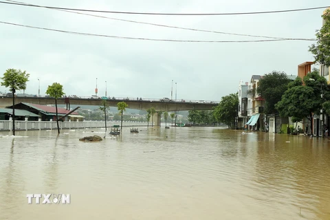 Đường Phạm Văn Xảo, phường Lào Cai chìm trong nước lũ. (Ảnh: Quốc Khánh/ TTXVN)