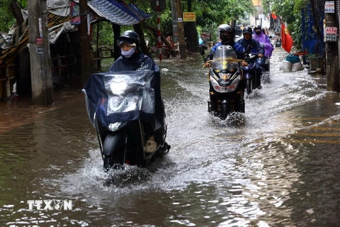 Đoạn ngõ trên phố Cầu Bươu (phường Phúc La), Hà Đông bị ngập. (Ảnh: Huy Hùng/TTXVN)